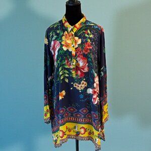 Johnny Was Floral Boho Tunic Top Navy Yellow Button Front Long Sleeve Medium